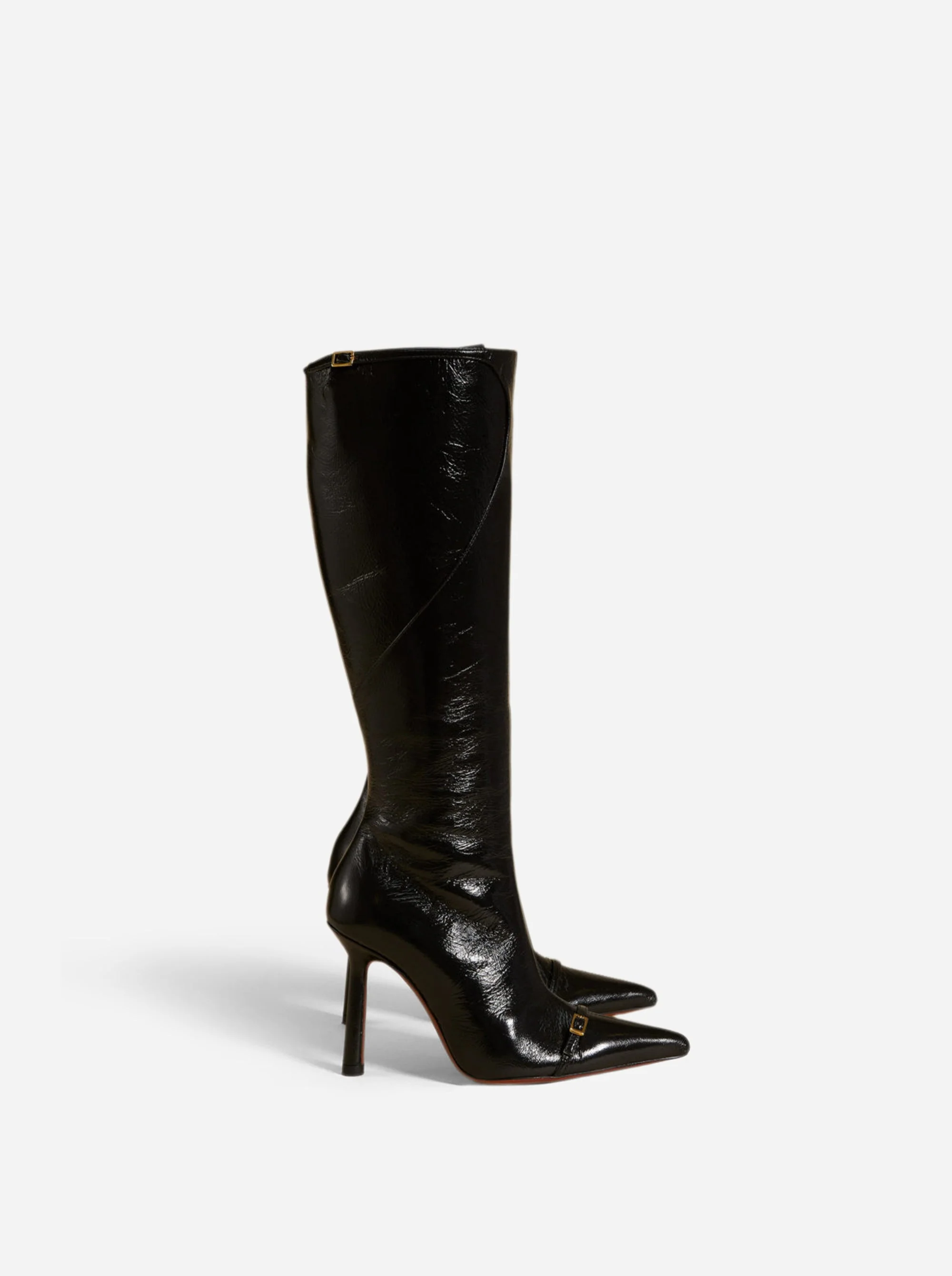 Knee High Pointy Toe Boots Black High Gloss - Image 5